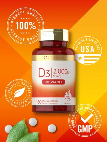 Vista 6 de Carlyle Tabletas masticables de vitamina D3 de 2000 UI (50 mcg) 180 unidades Sabor a bayas Vegetariano, sin OMG y sin gluten