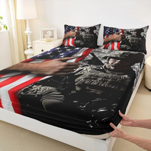 Vista 4 de Juego de ropa de cama de bandera estadounidense tamaño individual para niños, adolescentes y hombres, retro, verde militar, camuflaje, bandera