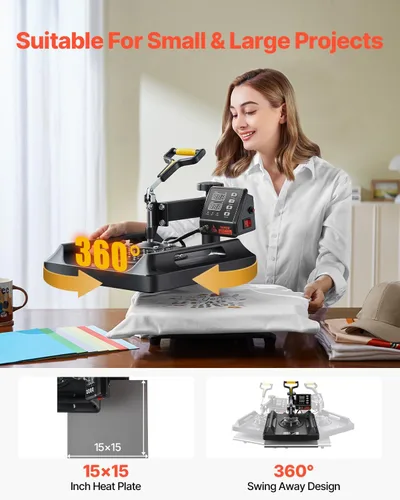 Vista 6 de VEVOR Máquina de prensa de calor 8 en 1 de 15 x 15 pulgadas, prensa de camisetas oscilante de 360°, transferencia de calor digital profesional por
