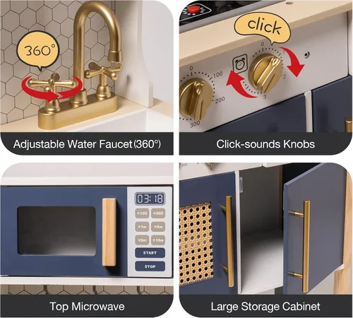 Vista 4 de ROBOTIME Cocina de Madera para Jugar, Juego de Cocina para Niños y Pequeñitos, Cocina de Juego para Niños con Luces y Sonidos, Cocina de Juguete Azul