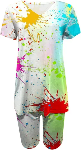 Vista 2 de PANOEGSN Conjuntos a juego para mujer, trajes de verano de dos piezas, camiseta con cuello en V, leggings capri, entrenamiento, deportes, yoga