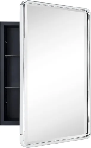 Vista 12 de TEHOME Botiquín de baño empotrado con marco de metal dorado cepillado con espejo rectangular redondeado con espejo biselado de 16 x 24 pulgadas