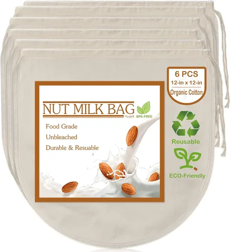 Vista 9 de 3 bolsas de leche de nuez de 12 x 12 pulgadas, 100% algodón sin blanquear, colador de alimentos reutilizable para colar leche de almendra/avena