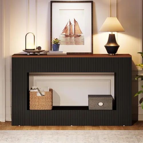 Vista 4 de Tribesigns Mesa consola moderna, mesa de entrada de madera de 55 pulgadas con almacenamiento, mesa de sofá larga estrecha detrás del sofá para sala