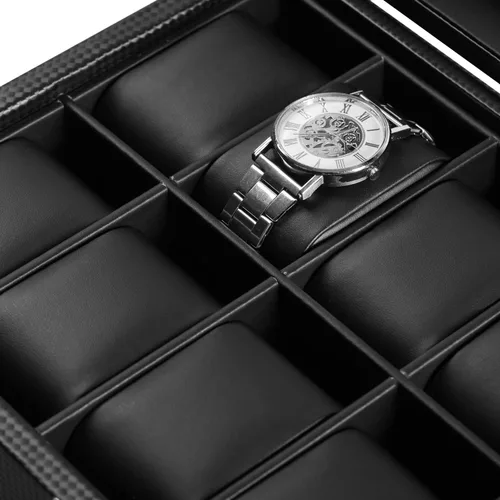 Vista 5 de BASTUO Caja de reloj 20 relojes organizador de exhibición de cuero de fibra de carbono de lujo, caja de colección de joyas para hombres y mujeres