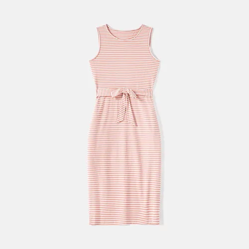 Vista 5 de IFFEI Mommy and Me - Vestidos de verano para mujer, sin mangas, a rayas, vestido casual con lazo en la cintura, mini vestidos familiares a juego