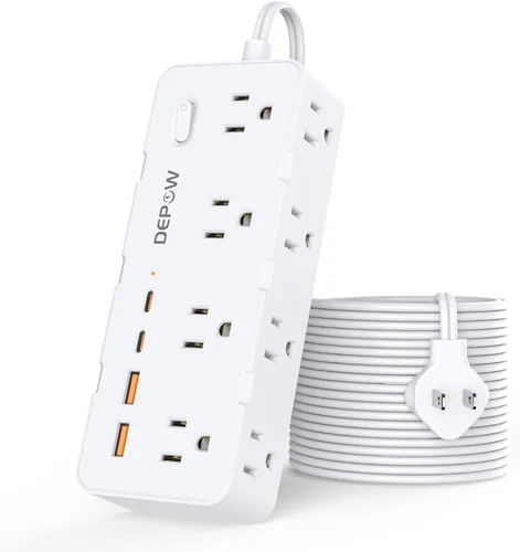 Vista 15 de DEPOW Regleta de alimentación negra de 2 puntas, adaptador de salida de 2 a 3 clavijas con 8 puertos de CA y 4 puertos USB (2 USB C), cable