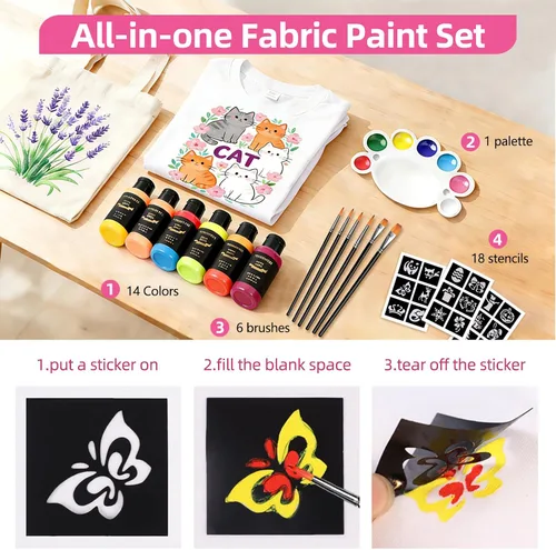 Vista 6 de Colorful Pintura permanente para tela, 14 colores de pintura de tela suave en botellas (1.0 fl oz/1 oz) con pinceles, paleta, pintura textil
