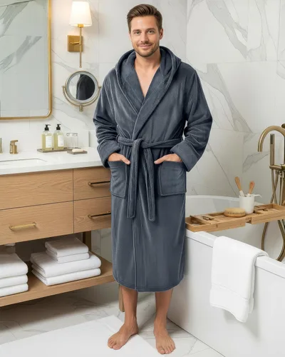 Vista 2 de NY Threads Bata de baño con capucha para hombre, de felpa de lujo, con capucha, bata de baño de spa para hombre