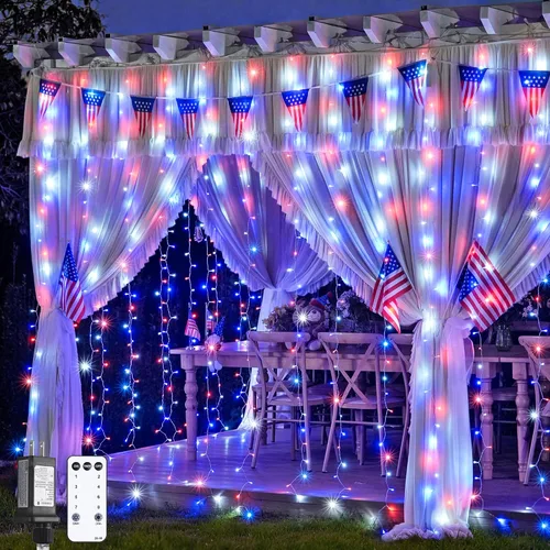 Vista 18 de JMEXSUSS 200 luces LED de cortina rojas, blancas y azules, 6.5 pies x 6.5 pies, 4 de julio, luces USB enchufables, 8 modos patrióticos de cortina