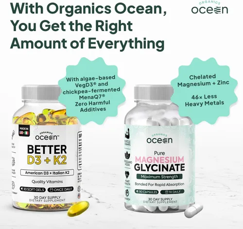 Vista 3 de Organics Ocean Paquete de bienestar muscular, hueso, corazón y sueño - Glicinato de magnesio quelatado con zinc y suplementos VIT D3 y K2