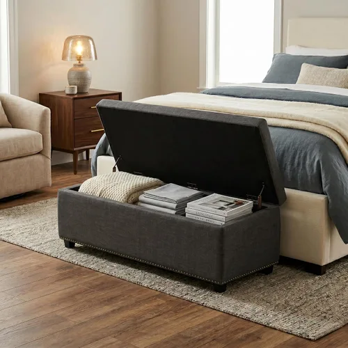 Vista 4 de Otomano rectangular de almacenamiento Simpli Home Hamilton, Madera, Gris pizarra Pizarra gris