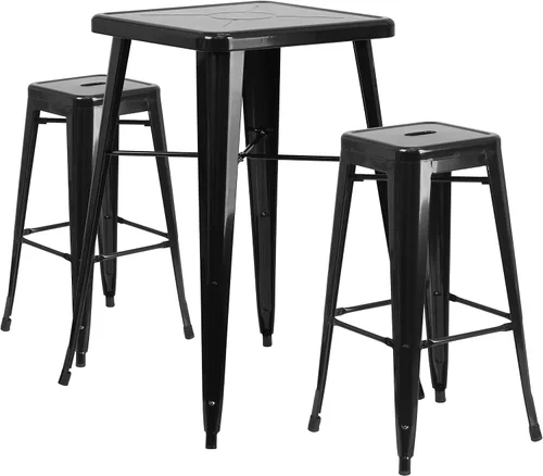 Vista 2 de EMMA + OLIVER Comercial 23.75SQ Negro Metal Indoor-Outdoor Bar Table Set-2 Taburetes Sin Respaldo