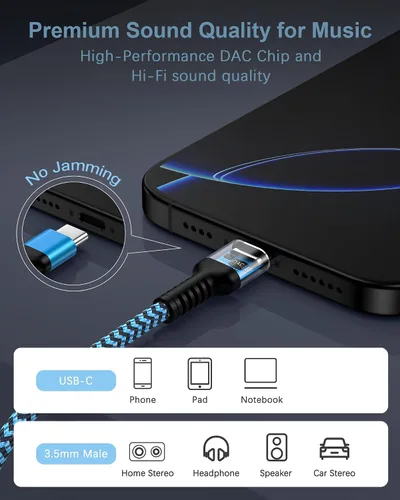 Vista 4 de Cable auxiliar a USB C, [2 paquetes/1 m] Cable USB C a conector de audio auxiliar de 3,5 mm, Cable macho de tipo C a conector de auriculares AUX