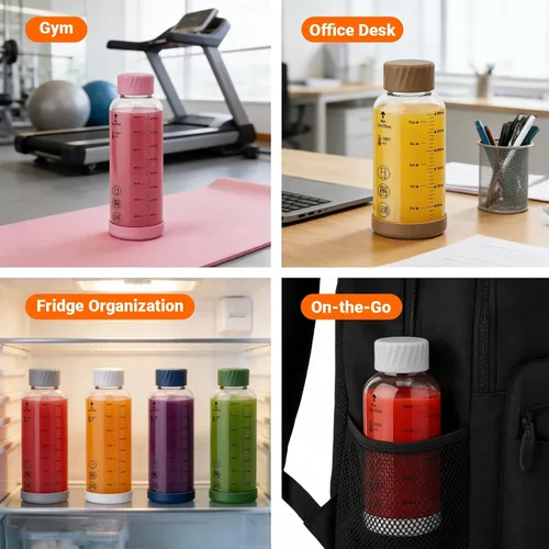 Vista 9 de Botellas de jugo de vidrio de 12 onzas – Pack de 4 botellas de agua de vidrio con tapas de acero inoxidable – A prueba de fugas, sin BPA, vidrio