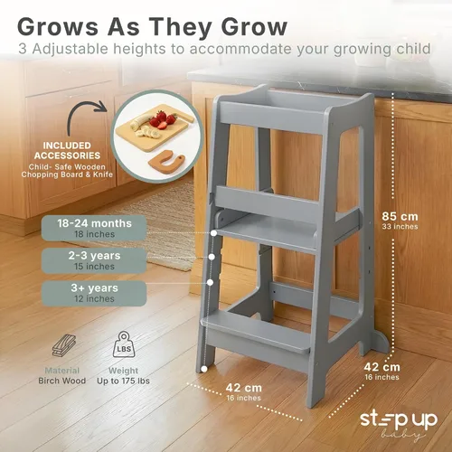 Vista 5 de Taburete de madera ajustable de 3 niveles para niños pequeños, color gris