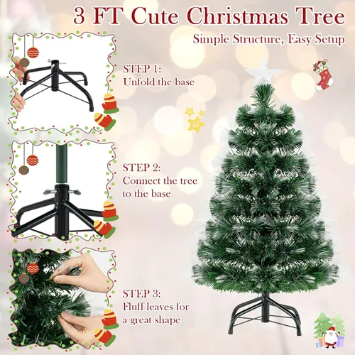 Vista 7 de DREAMADE Árbol de Navidad de fibra óptica, árbol de Navidad preiluminado de 3 pies con luces multicolor, 93 puntas de ramas y estrella superior