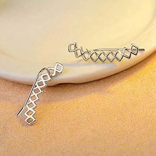 Vista 5 de Aretes minimalistas de plata de ley con rombos conectados geométricos para mujer, hipoalergénicos