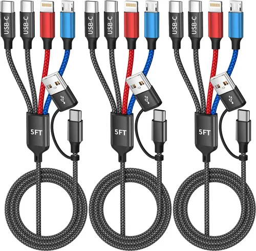Vista 10 de 4-IN-1 USBC Multi Charging Cable, 5FT Phone Charger Cord Travel Essentials Universal Charger with 2xType-C/L/Micro USB Ports, Braided Travel