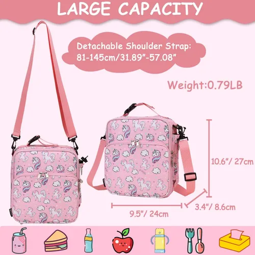 Vista 2 de RAVUO Bolsa de almuerzo para niñas, lonchera aislada para niños, linda bolsa de almuerzo reutilizable de unicornio con correa de hombro desmontable