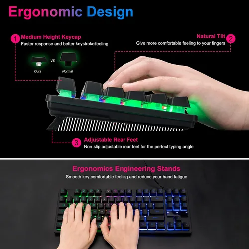 Vista 4 de CHONCHOW - Teclado compacto para juegos con cable USB de 87 teclas, teclado LED de arco iris, retroiluminado sin teclas, teclado TKL, teclado RGB