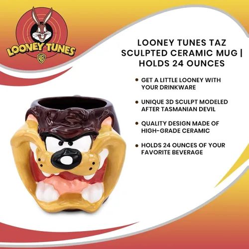 Vista 6 de Silver Buffalo Looney Tunes Taz Face - Taza de cerámica esculpida en 3D, 24 onzas