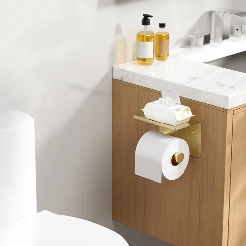 Vista 2 de Portarrollos de papel higiénico con estante, montaje en pared adhesivo o con tornillos, portarrollos de papel higiénico para baño, dispensador