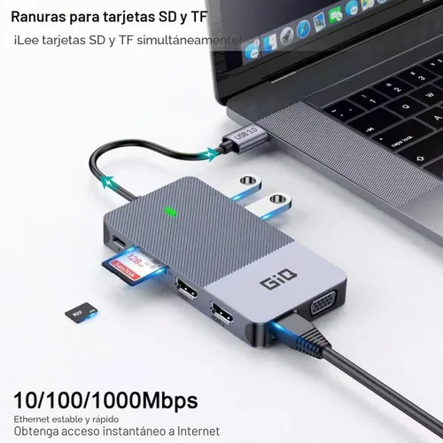 Vista 5 de Estación de acoplamiento USB GIQ USB C HUB USB 3.0 a HDMI dual Adaptador VGA de triple pantalla USB C Estación de acoplamiento para portátil Monitor
