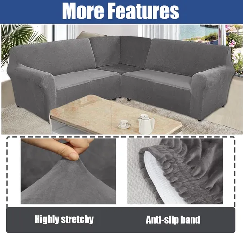 Vista 4 de YOPOIY Fundas de terciopelo para sofá esquinero, 3 piezas, en forma de L, alta elasticidad, suave y lavable a máquina, protector de muebles