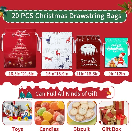 Vista 4 de Bolsas de regalo de Navidad con cordón, 20 bolsas de Navidad de varios tamaños para regalos, bolsas de plástico a granel, bolsas de regalo
