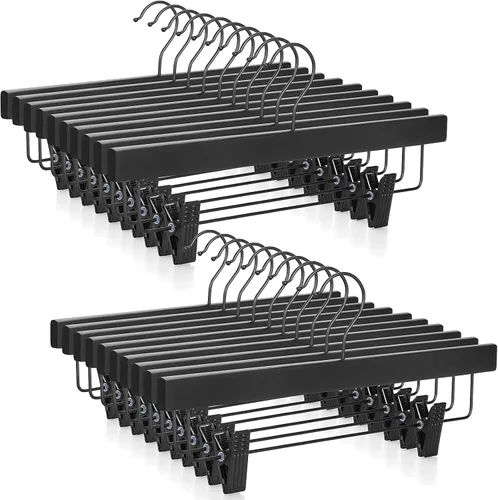 Vista 10 de TOPIA HANGER Perchas para pantalones, paquete de 10 perchas de bambú con clips negros y gancho giratorio, perchas duraderas de madera natural