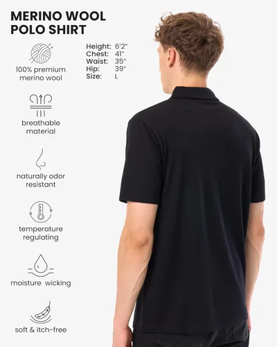 Vista 2 de 100% Merino Wool Polo Shirt Men - Quarter Zip Long and Short Sleeve Black
