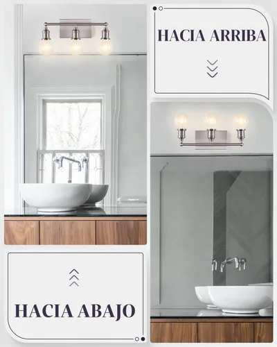 Vista 3 de Lámpara de tocador de 3 luces, moderna lámpara de pared de níquel cepillado, iluminación industrial de pared de tocador de baño para espejo, base