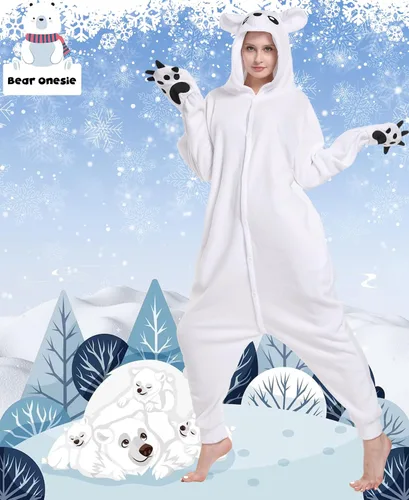 Vista 6 de Oiziuzio Pijama mameluco de oso para adultos, disfraz de oso para Halloween, Navidad, cosplay, ropa de descanso, ropa de hogar, para mujeres