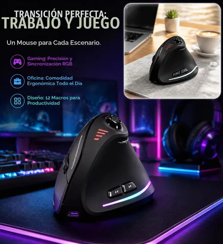 Vista 6 de TKMARS Ratón vertical ergonómico inalámbrico para juegos con joystick, Bluetooth y 2.4G, 12 botones programables, 24000 DPI ajustable, mouse RGB