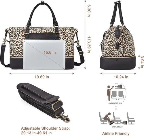 Vista 3 de CLUCI Bolsa de fin de semana para mujer, de cuero, grande, con compartimento para zapatos, Patrón de leopardo con negro