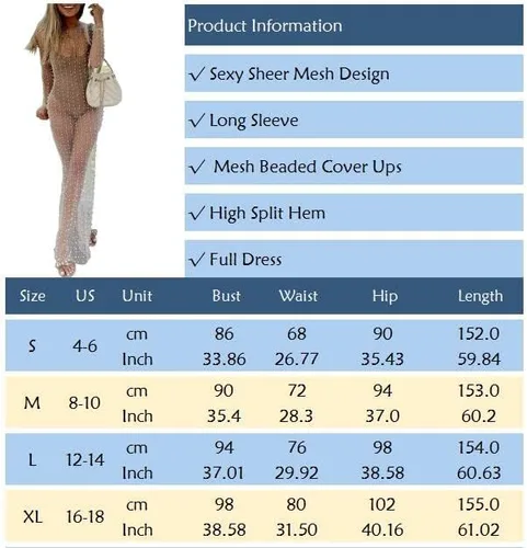 Vista 3 de Leezeshaw Traje de baño de malla transparente con cuentas para mujer, vestido largo tipo túnica de playa para niña