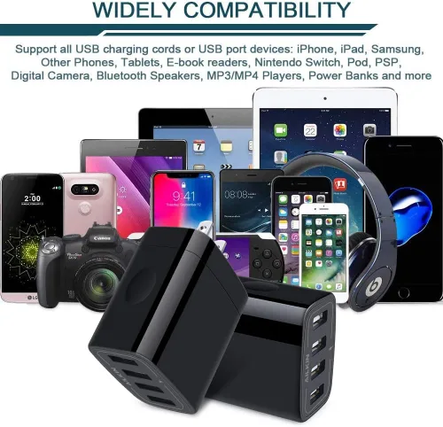 Vista 5 de Cargador de pared USB, paquete de 2 unidades AILKIN 4.8A de 4 puertos USB Plug Cube Brick Charging Box Enchufe de carga de pared, bloque de carga