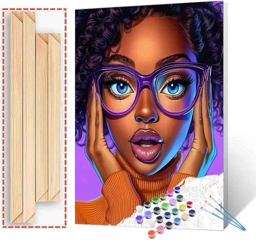 Vista 31 de Pintura de niña afro a la moda, kits de pintura por números, 16 x 20 pulgadas, lienzo de hojas tropicales, pintura al óleo para niños y adultos