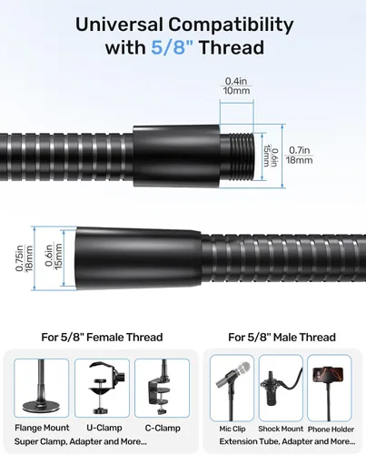 Vista 4 de Soporte universal de cuello de cisne de micrófono flexible de 19 pulgadas, hilos macho y hembra de 5/8 pulgadas, alta carga, construcción
