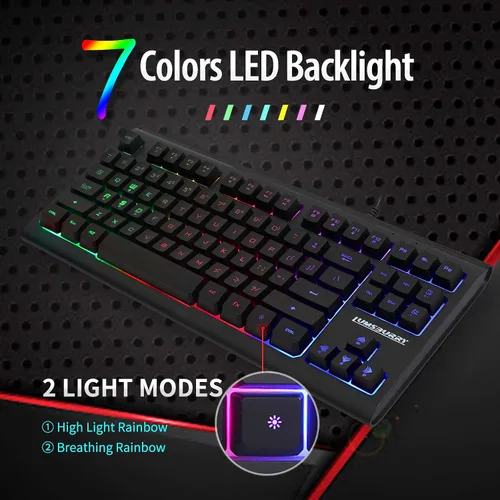 Vista 2 de Lumsburry - Teclado de computadora, 87 teclas, teclado USB compacto con cable, retroiluminación LED de arcoíris para PC, portátil, teclado