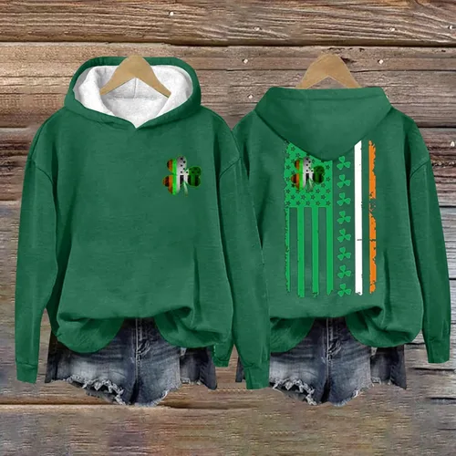 Vista 3 de Sudaderas del Día de San Patricio para mujer, con estampado de trébol, manga larga, cuello redondo, divertidas, camisetas del día de San Patricio