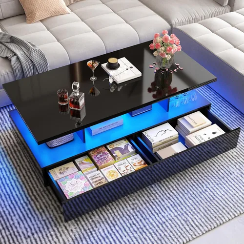 Vista 5 de Mesa de centro LED grande de 43 pulgadas con 2 cajones de almacenamiento grandes, luces de 60.000 colores, control de aplicación, mesa auxiliar
