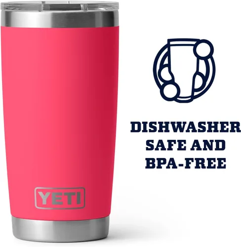 Vista 4 de YETI Rambler - Vaso de acero inoxidable con tapa MagSlider, 20 onzas, color rosa Bimini.