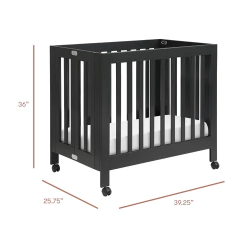 Vista 3 de Babyletto Origami Mini cuna plegable portátil con ruedas en negro, 2 posiciones de colchón ajustables, certificado Greenguard Gold
