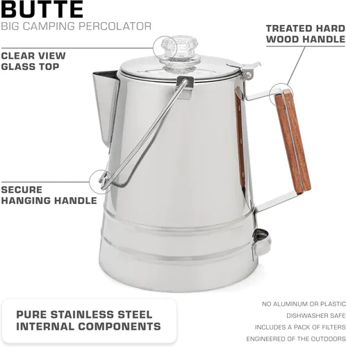 Vista 2 de COLETTI Cafetera de Café Percolador para Acampar Butte — Cafetera de Café Percolador, SIN Aluminio ni Plástico [14 Tazas]