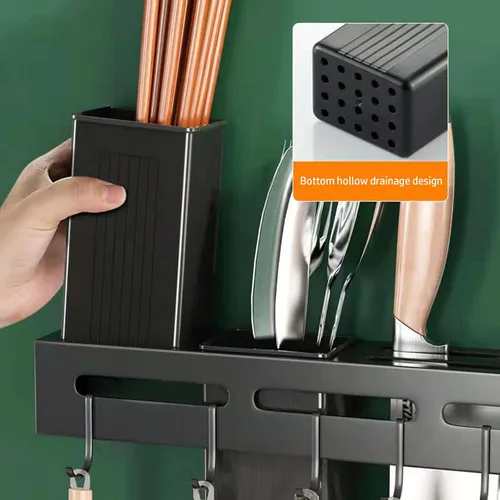 Vista 6 de Estante para utensilios de cocina, soporte para cubiertos de cocina, organizador de pared para cucharas, cuchillos, tenedores, palillos (negro)