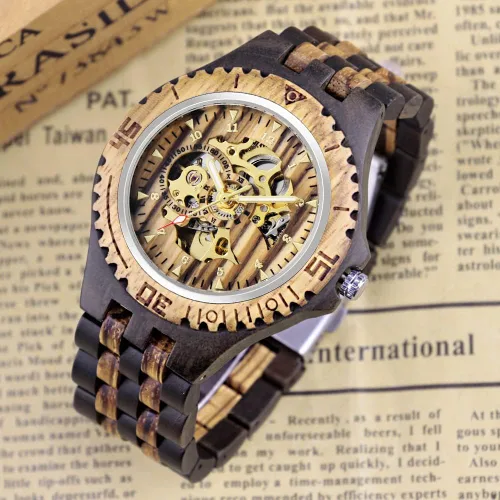 Vista 2 de Dentily Reloj mecánico de madera para hombre, esqueleto con movimiento automático, reloj de madera con números árabes, relojes de cuerda automática