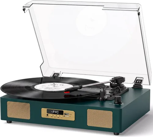 Vista 13 de Tocadiscos de vinilo Bluetooth con altavoces estéreo incorporados, transmisión por correa, tocadiscos de 3 velocidades para discos de vinilo