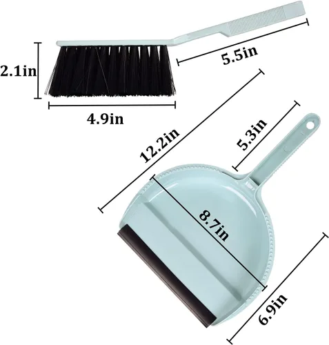 Vista 4 de Juego de mini escoba de mano azul y recogedor - Pequeño recogedor con cepillo para el hogar, cocina, oficina, coche